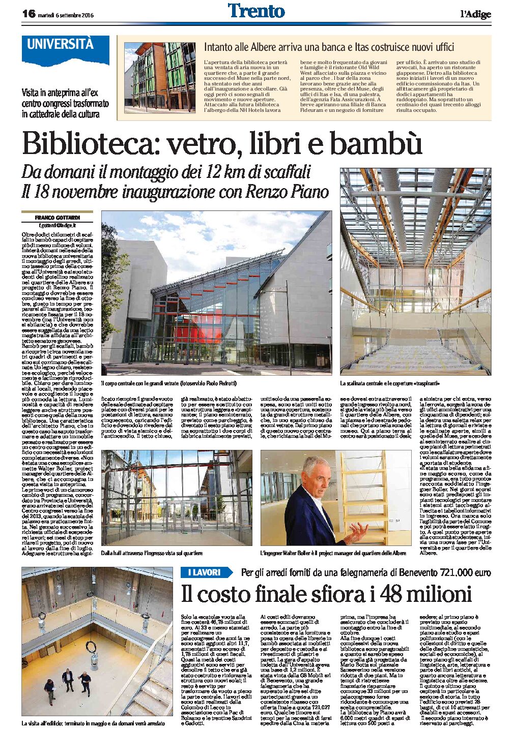 Trento, biblioteca universitaria: vetro libri e bambù. Inaugurazione il 18 novembre