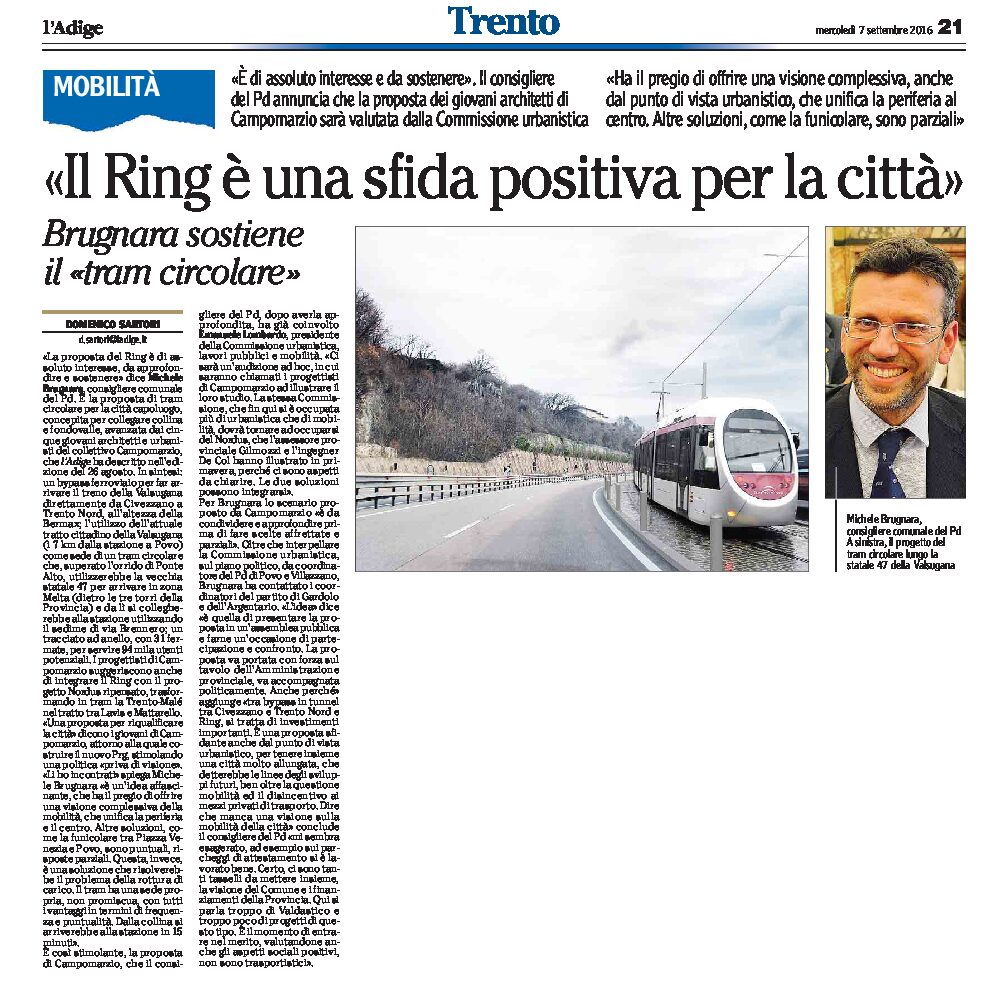 Trento, mobilità: il Ring è una sfida positiva per la città. Brugnara sostiene il tram circolare