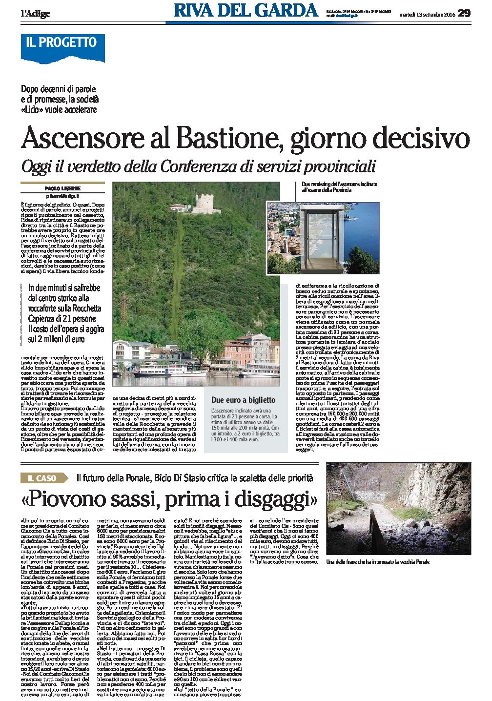 Riva del Garda: ascensore al Bastione, oggi il verdetto. Piovono sassi sulla Ponale