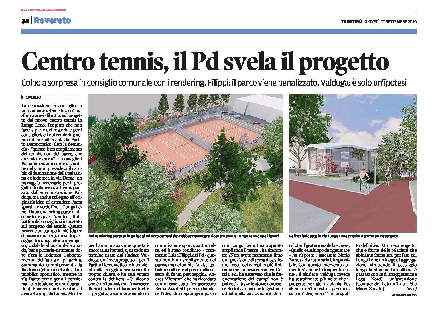 Rovereto: il nuovo progetto del Centro tennis penalizza il Parco del Leno