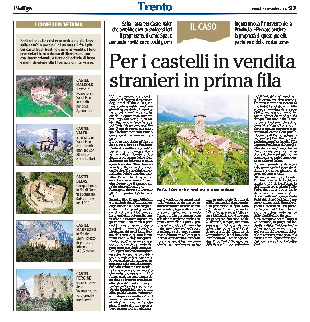 Castelli trentini: per i castelli in vendita, stranieri in prima fila