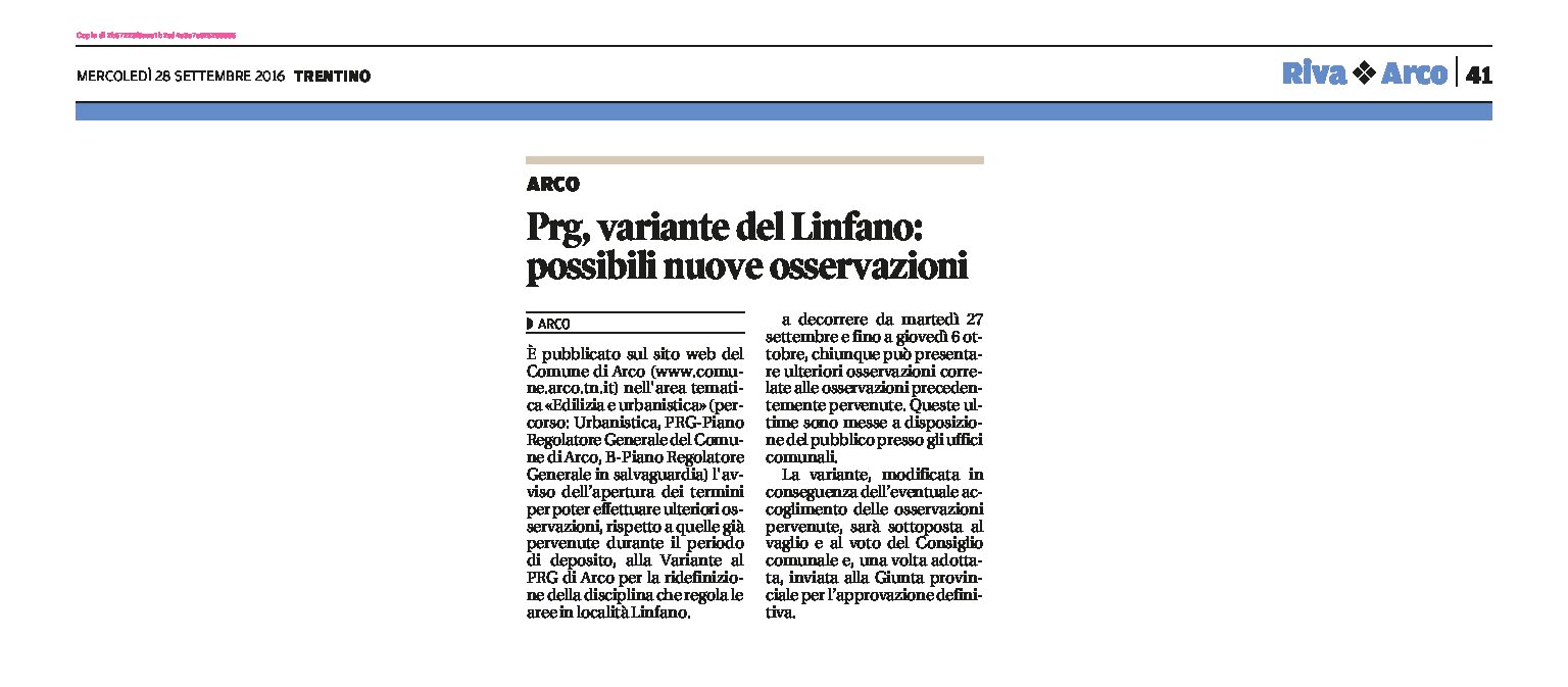 Arco, Linfano: per la variante al Prg, possibili nuove osservazioni, info www.comune.arco.tn.it