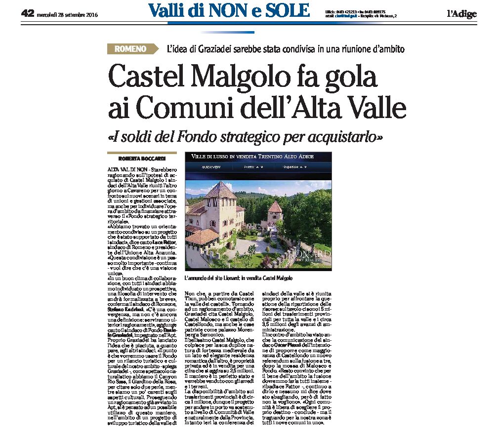 Val di Non: Castel Malgolo fa gola ai Comuni dell’Alta Valle