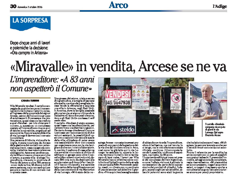 Arco, Villa Miravalle: in vendita, Arcese se ne va