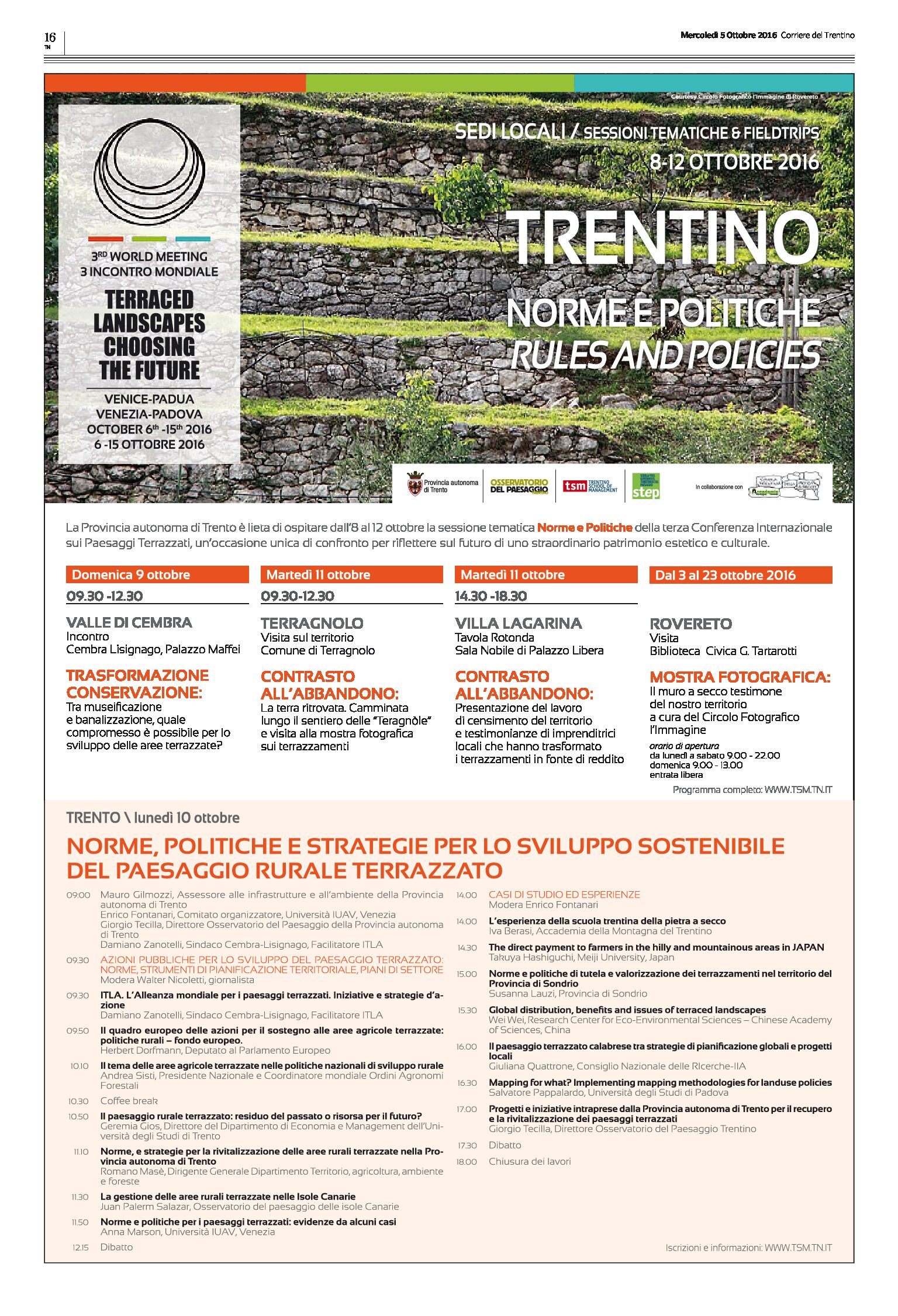 Trentino: Sessione “Norme e politiche”, del meeting mondiale “Terraced landscapes choosing the future”
