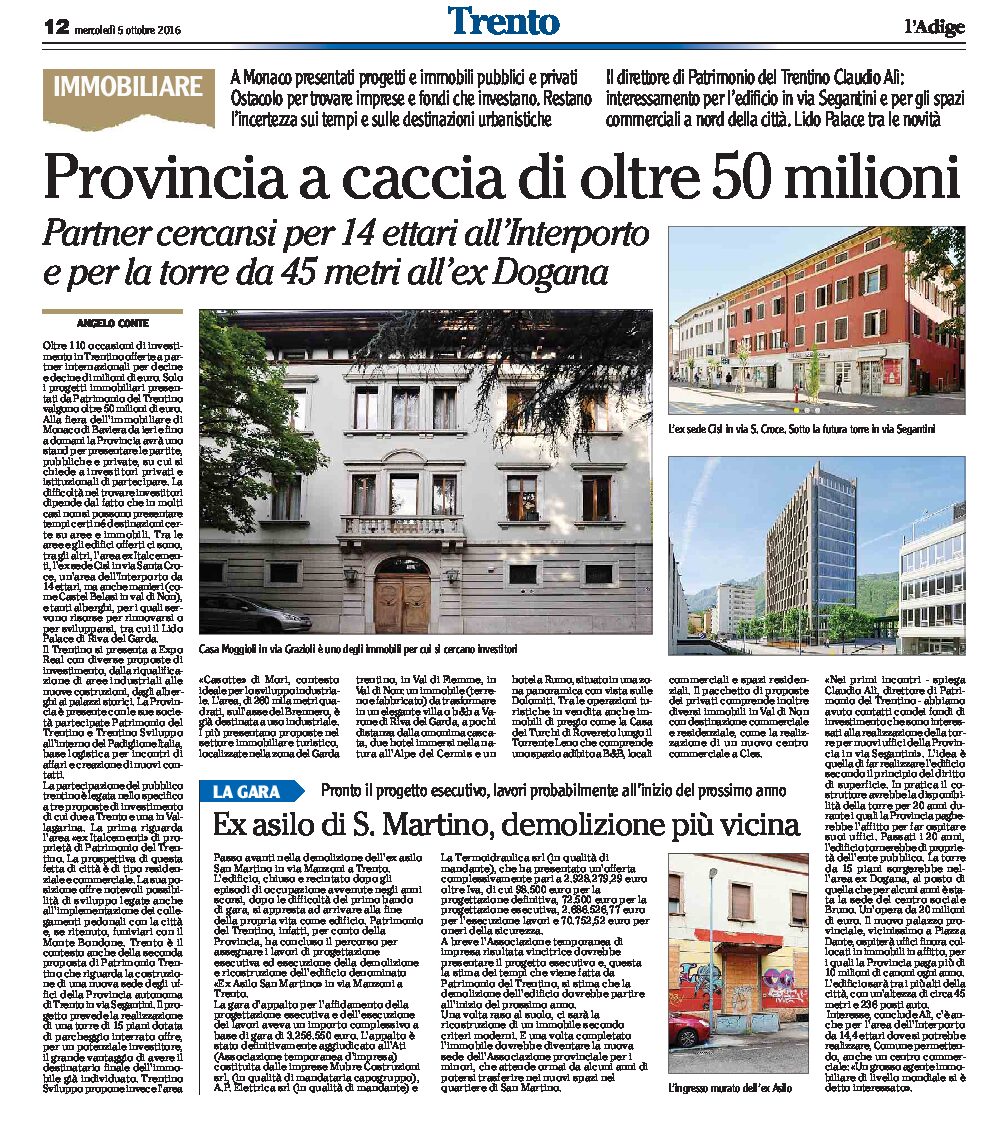 Trento: la Provincia a caccia di oltre 50 milioni di euro in aree, immobili e progetti immobiliari