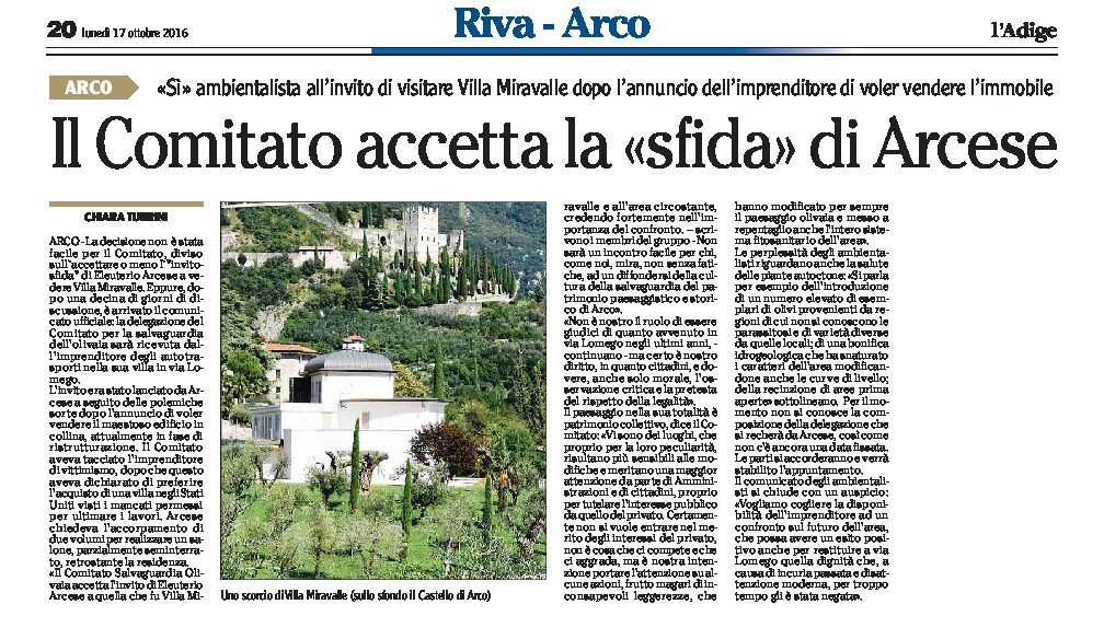 Arco, Villa Miravalle: il Comitato accetta la “sfida” di Arcese