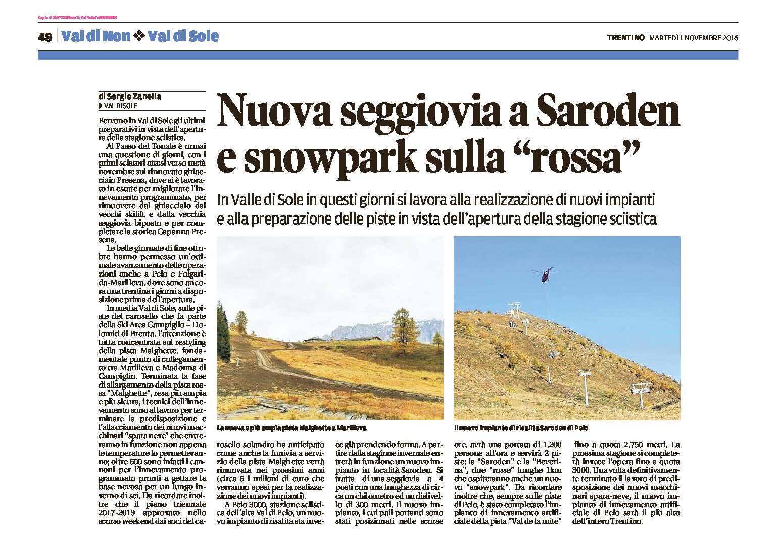 Val di Sole: nuovi impianti (a Saroden di Pejo) e nuove piste per la stagione invernale