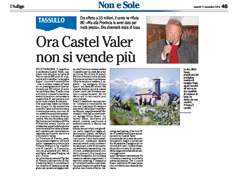 Castel Valer: non si vende più