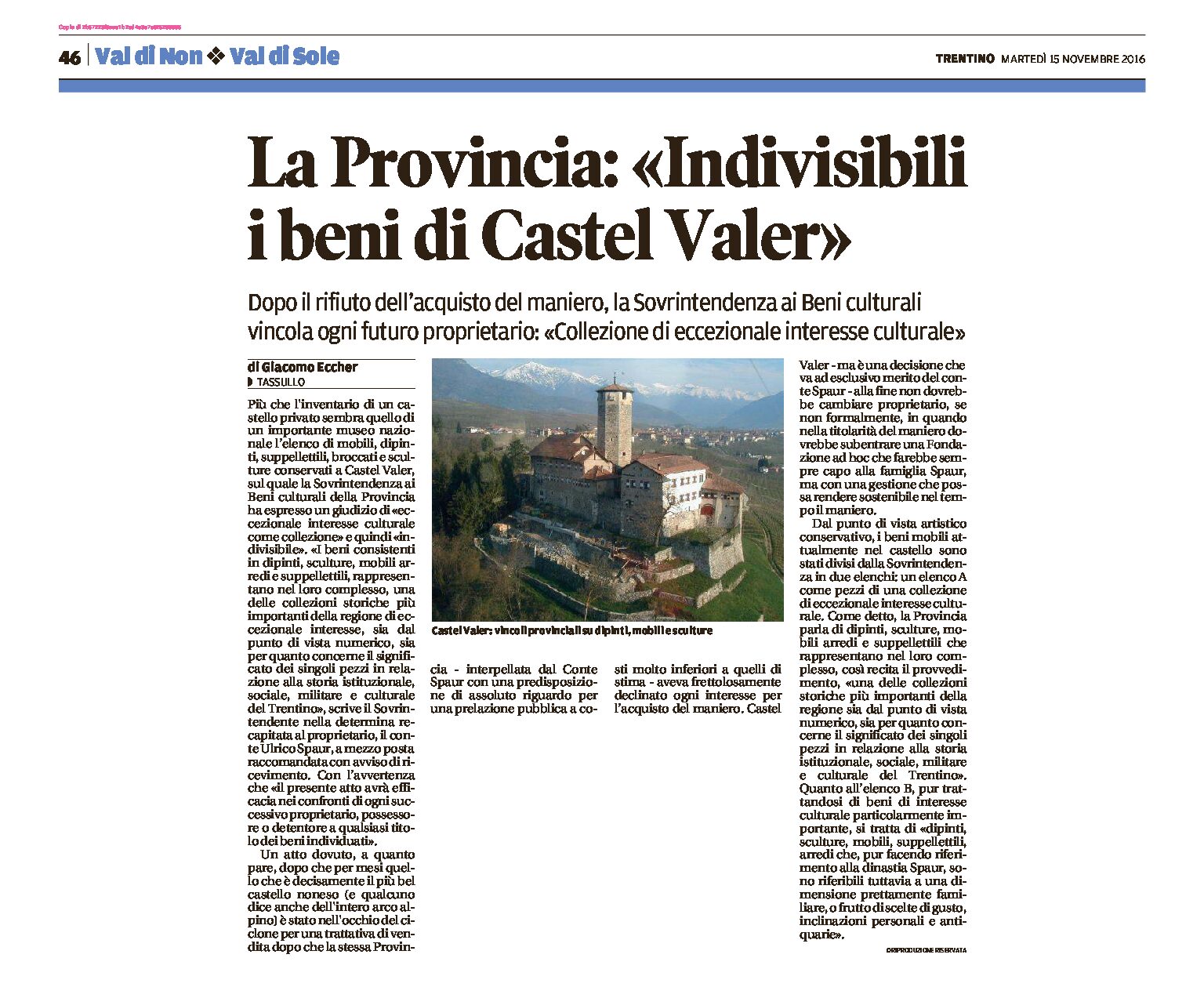 Castel Valer: per la Provincia “indivisibili i beni”