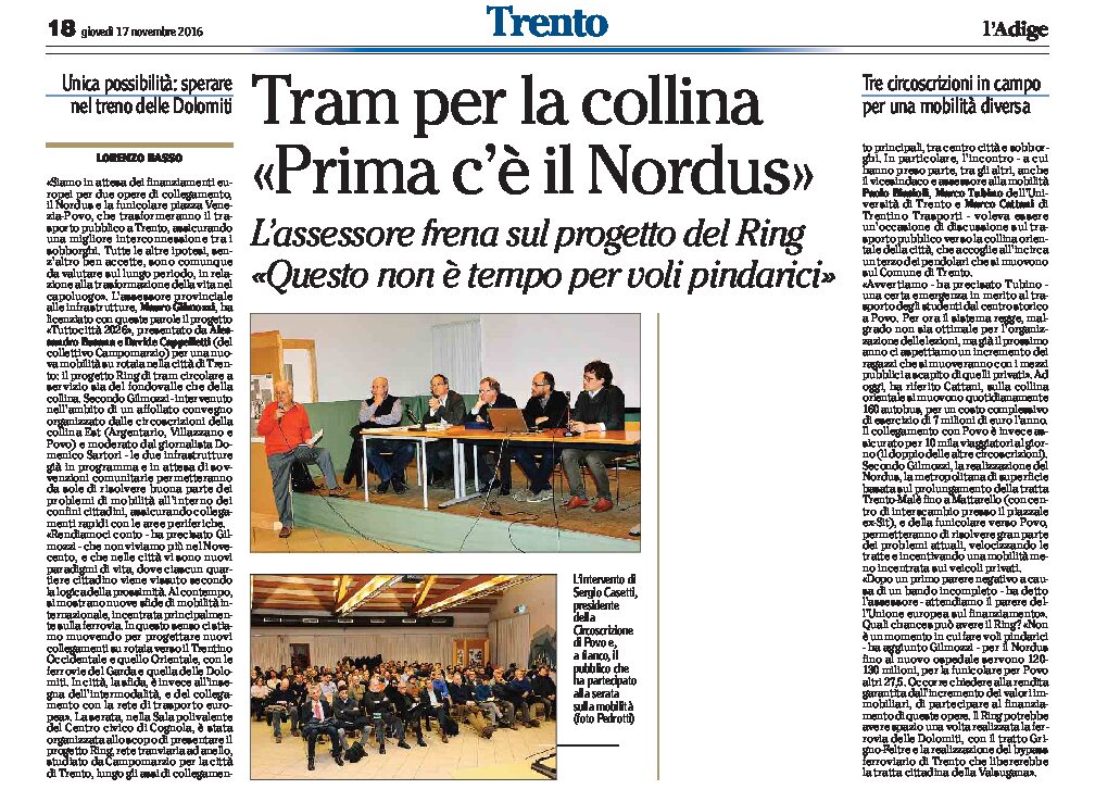 Trento, tram per la collina: Gilmozzi “prima c’è il Nordus”. Freno sul progetto del Ring