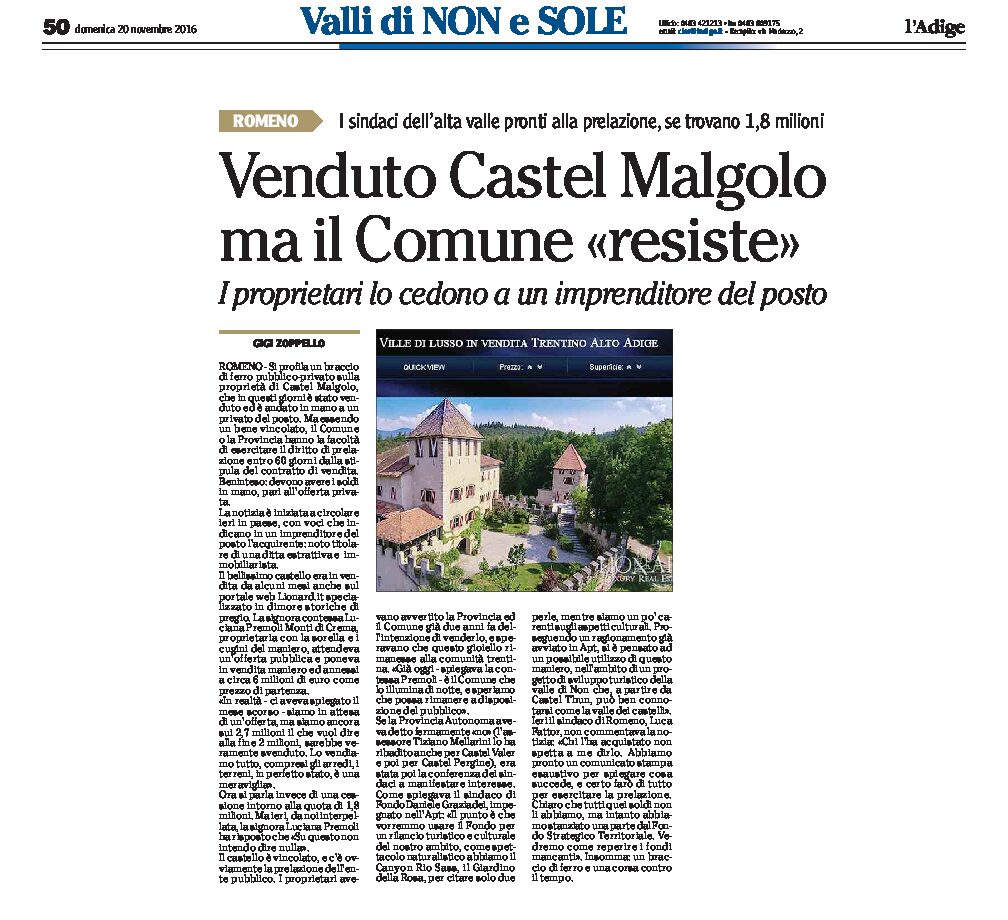 Val di Non: Castel  Malgolo venduto, ma il Comune “resiste”