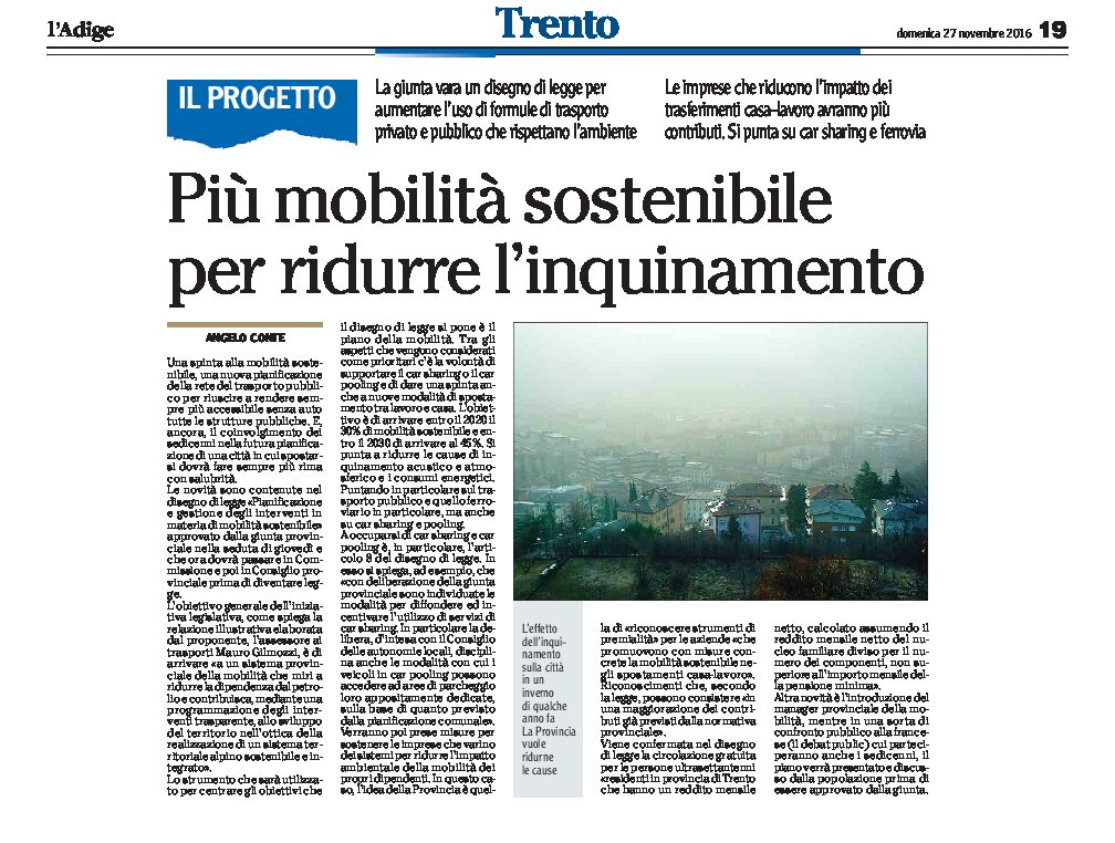 Trento: più mobilità sostenibile per ridurre l’inquinamento