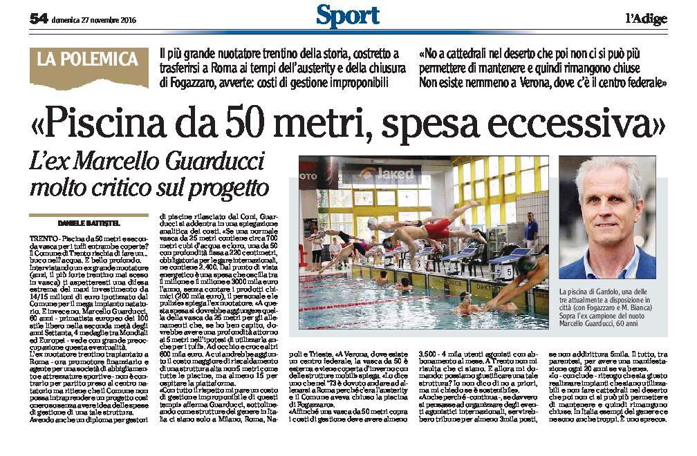 Trento, piscina da 50 metri: l’ex campione Guarducci critico “no a cattedrali nel deserto”