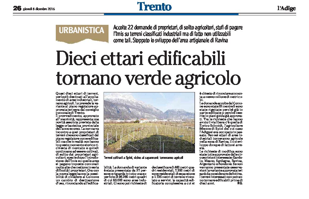 Trento, dintorni: dieci ettari edificabili tornano verde agricolo.