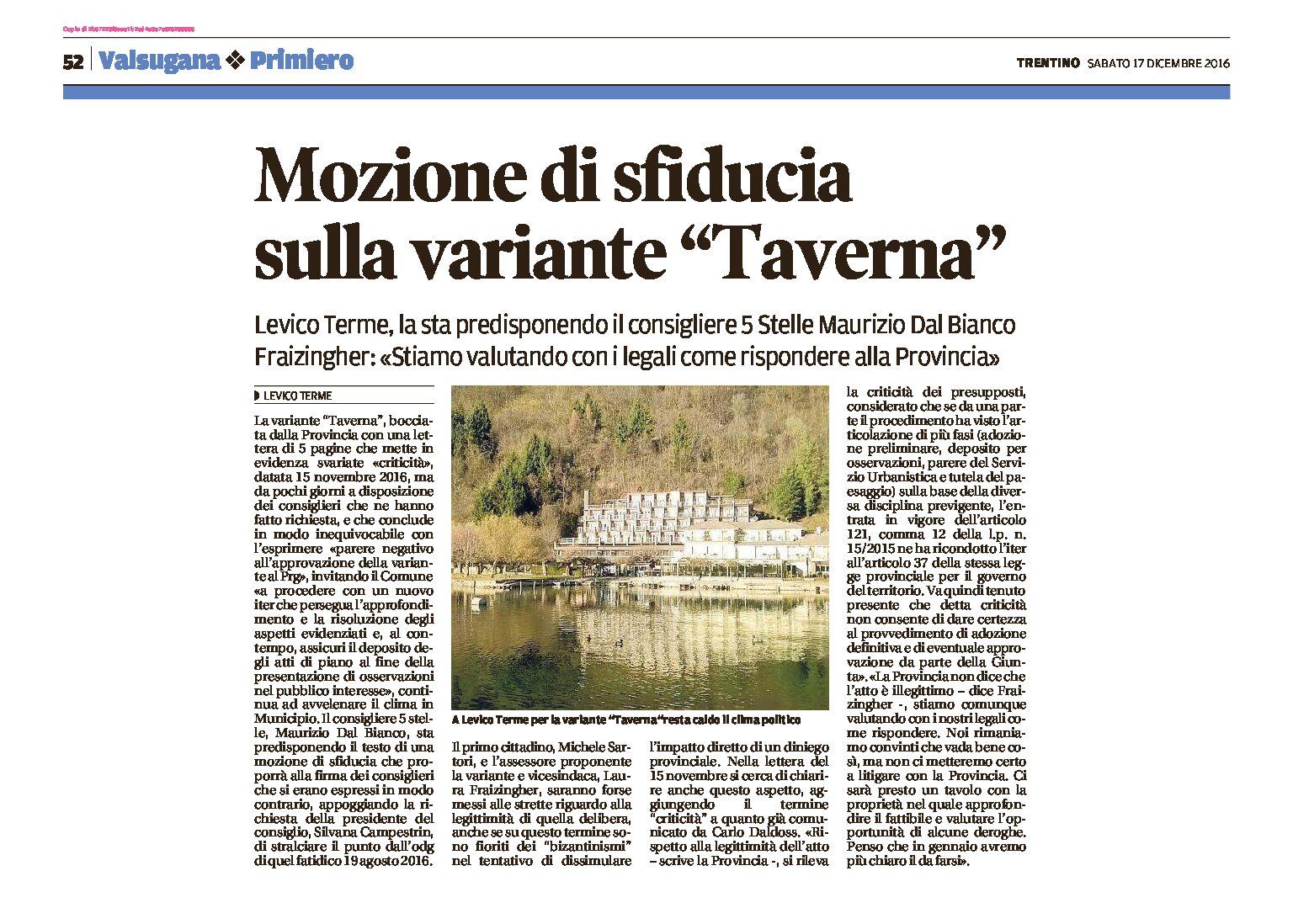 Lago di Levico: mozione di sfiducia sulla variante “Taverna”
