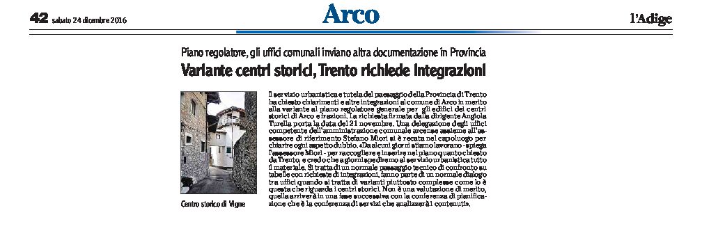 Arco, variante al Prg per i centri storici: la Provincia di Trento richiede integrazioni