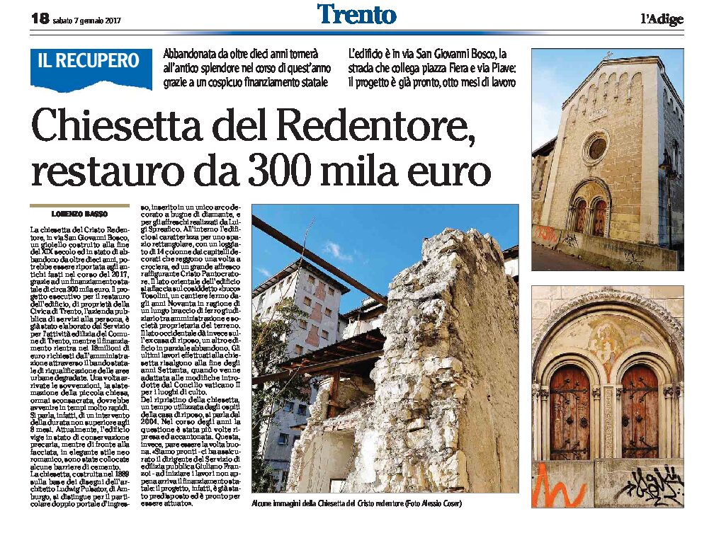 Trento, chiesetta del Redentore: verrà restaurata entro l’anno