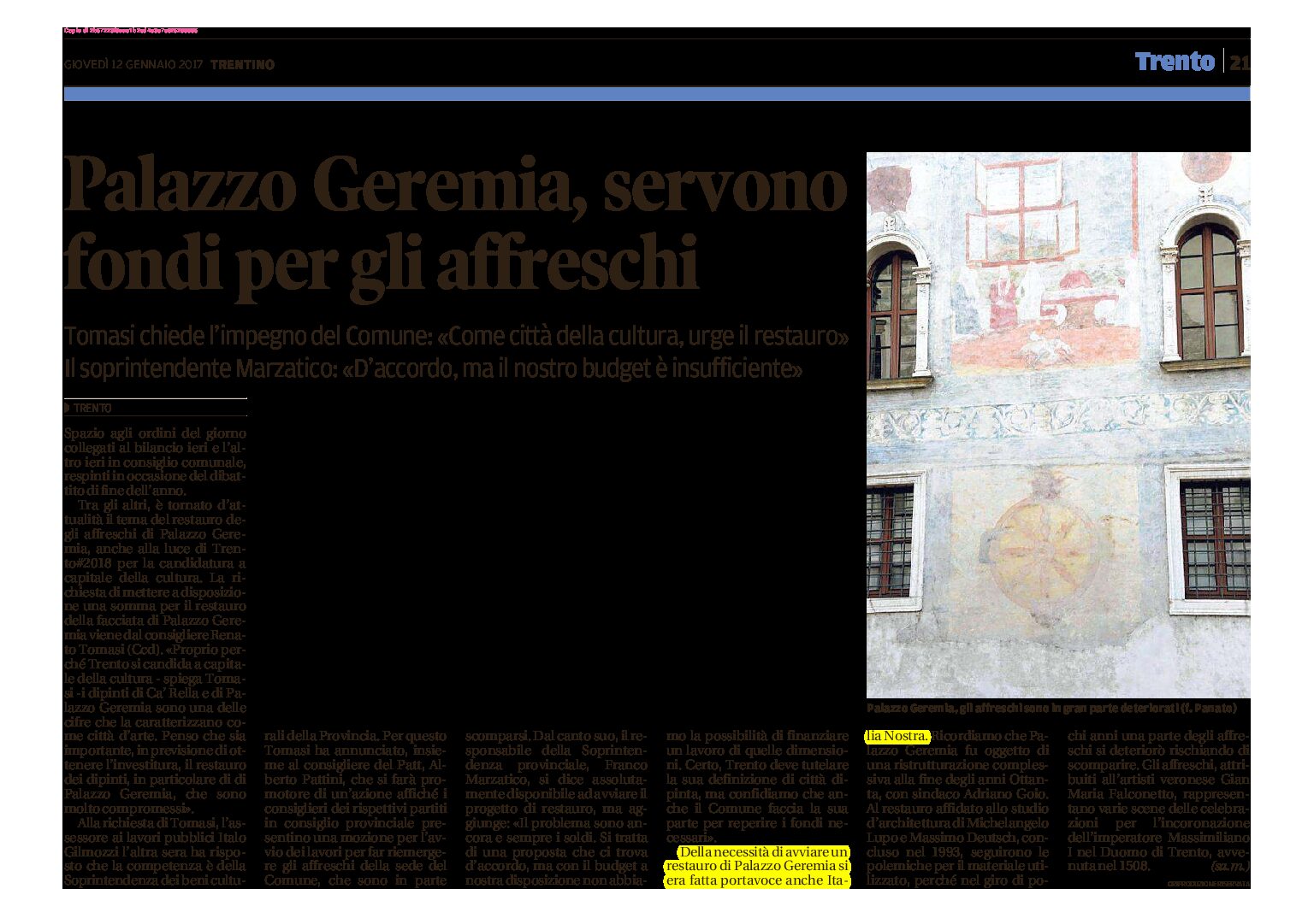 Trento, Palazzo Geremia: servono fondi per gli affreschi