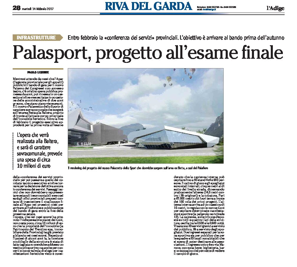 Riva, Palasport: il progetto è all’esame finale e verrà realizzato alla Baltera