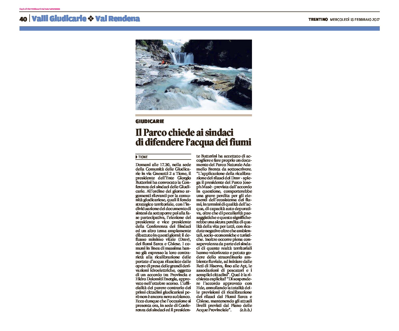 Parco Adamello Brenta: chiede ai sindaci di difendere l’acqua dei fiumi Sarca e Chiese