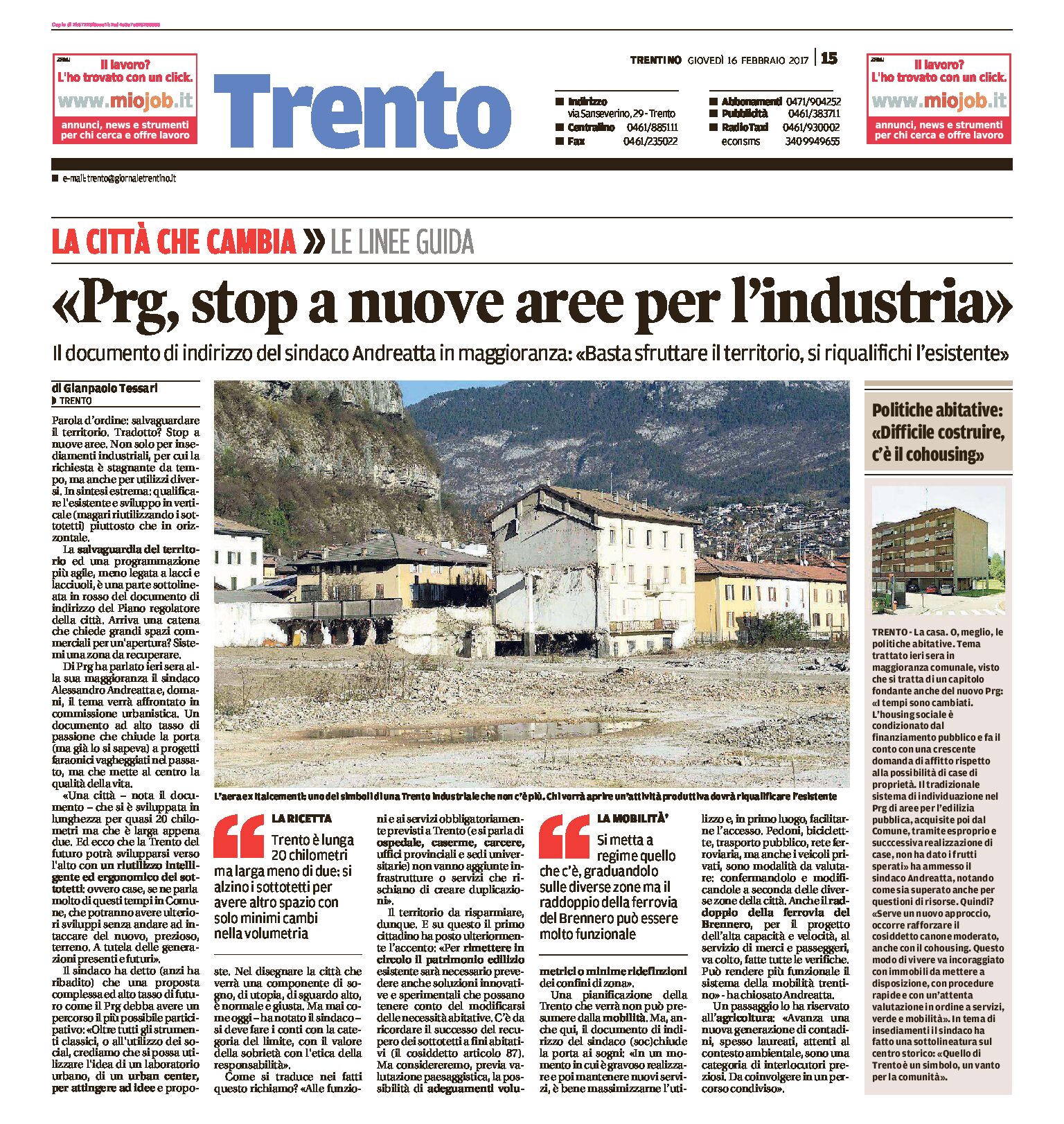 Trento, Prg: Andreatta “stop a nuove aree per l’industria, basta sfruttare il territorio, si riqualifichi l’esistente”
