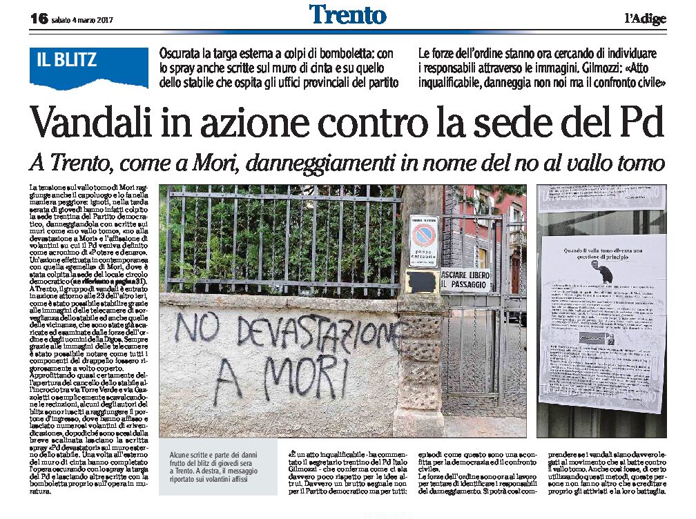Trento, sede Pd: scritte “no devastazione a Mori” e affissione di volantini