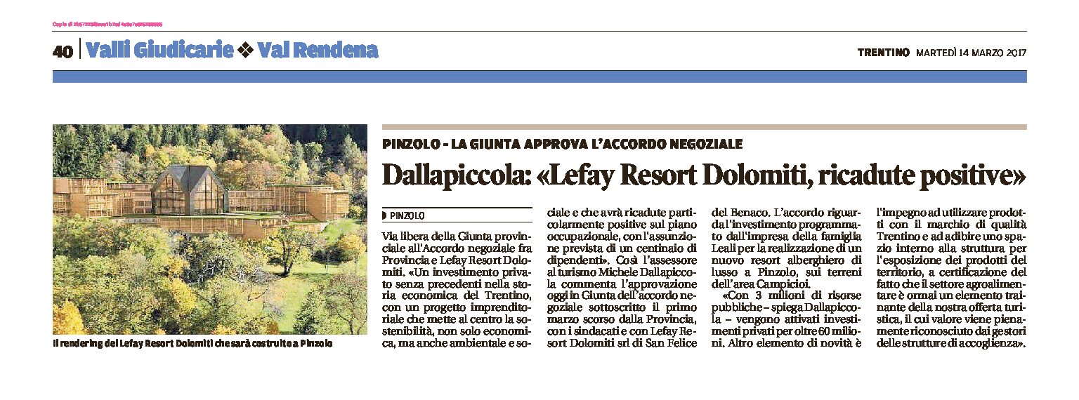 Pinzolo: Lefay Resort Dolomiti, ricadute positive