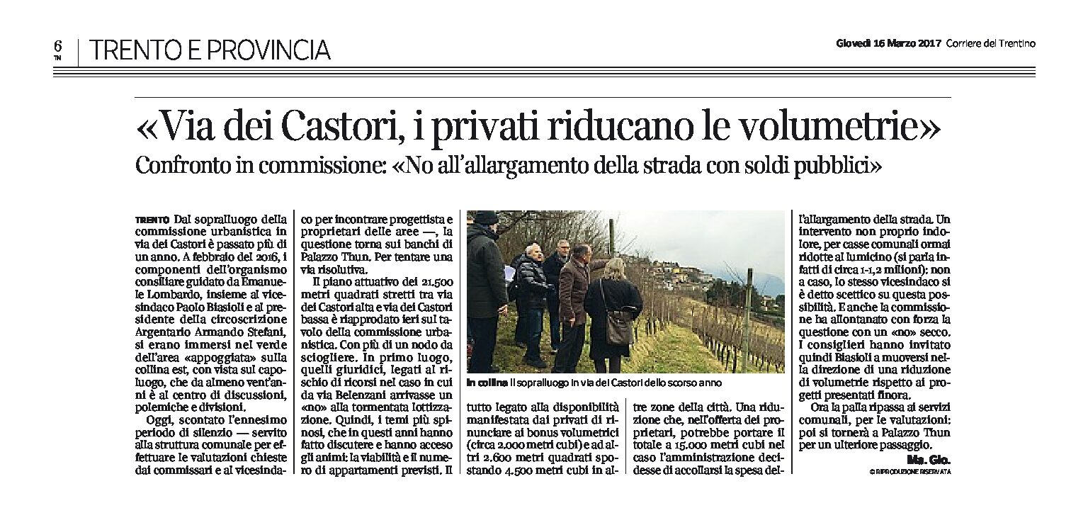 Trento, via dei Castori: i privati riducano le volumetrie