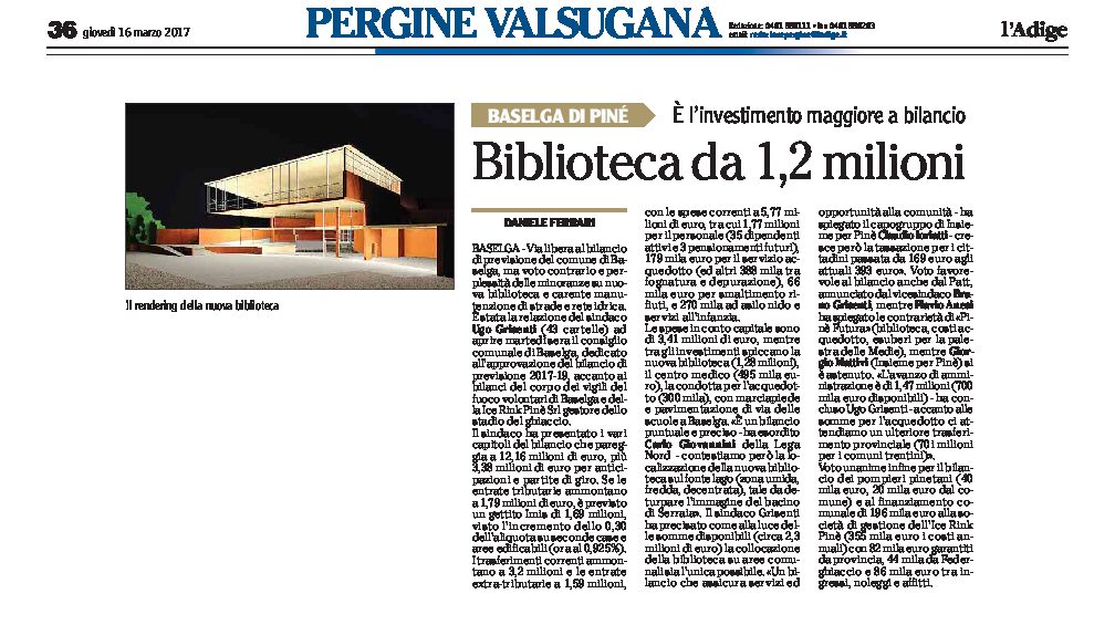 Baselga di Pinè: nuova biblioteca da 1,2 milioni
