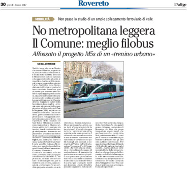 Rovereto, mobilità: no metropolitana leggera, meglio filobus