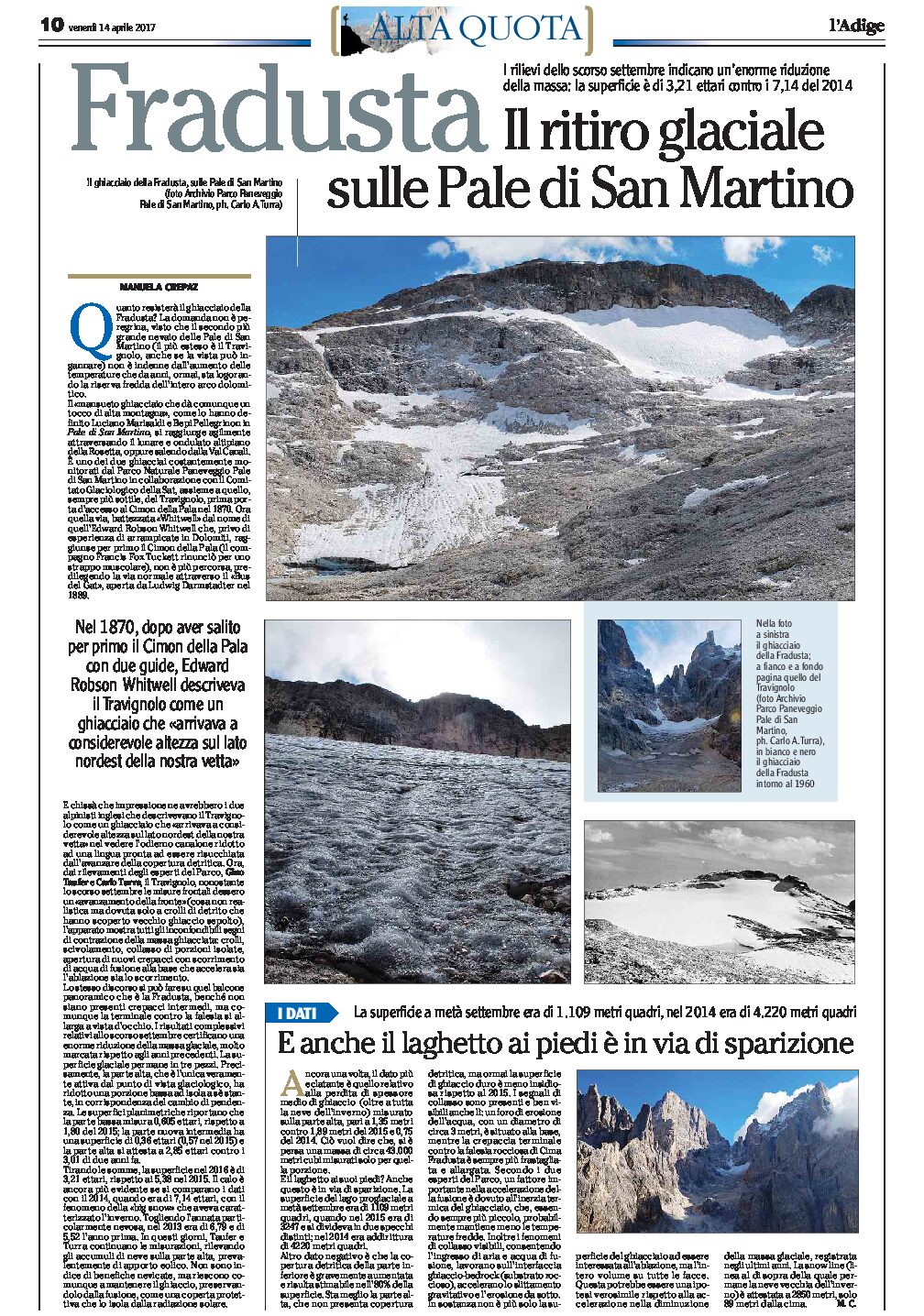 Fradusta: il ritiro glaciale sulle Pale di San Martino. Una riduzione enorme