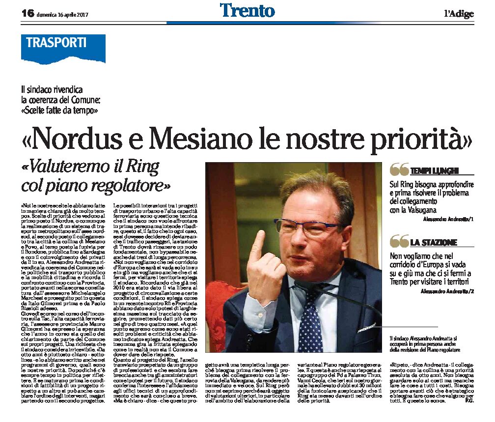Trento, mobilità: il sindaco “Nordus e Mesiano le nostre priorità”