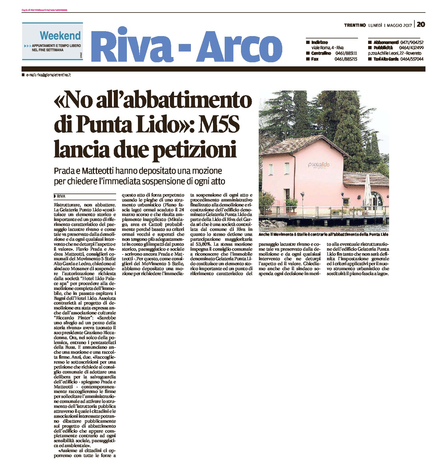 Riva, Punta Lido: “no all’abbattimento”. M5S lancia due petizioni