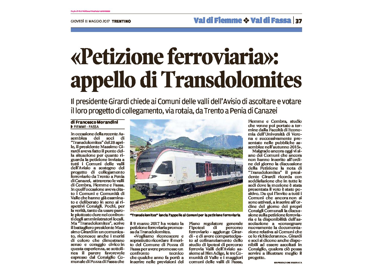Transdolomites: chiede ai Comuni dell’Avisio di ascoltare e votare il progetto Trento-Penia