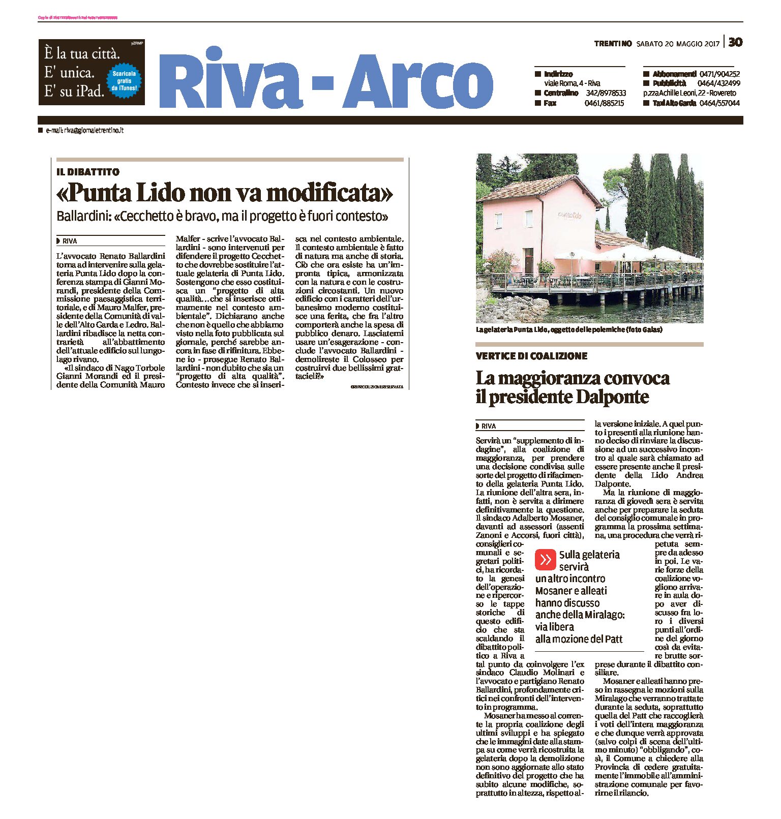 Riva: Interviene ancora Ballardini “Punta Lido non va modificata”. La Maggioranza convoca Dalponte