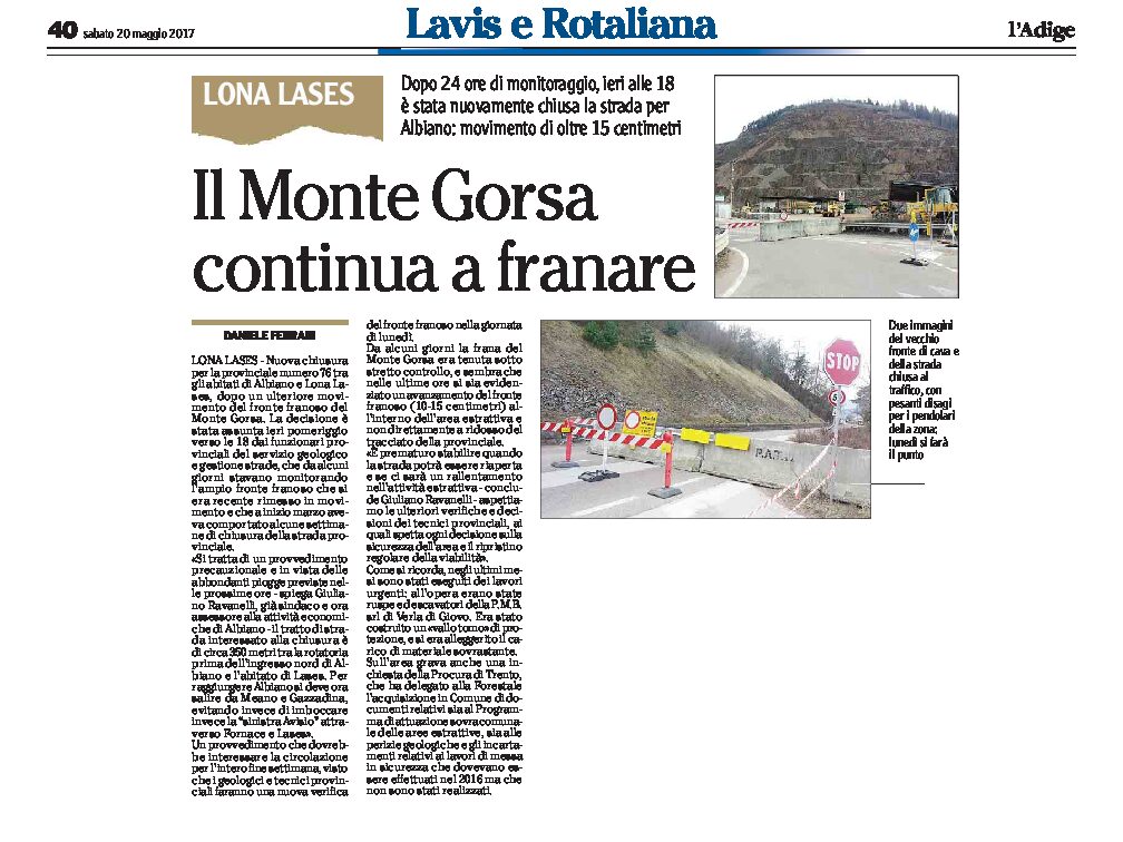 Monte Gorsa: continua a franare. Nuova chiusura sp 76 tra Albiano e Lona Lases