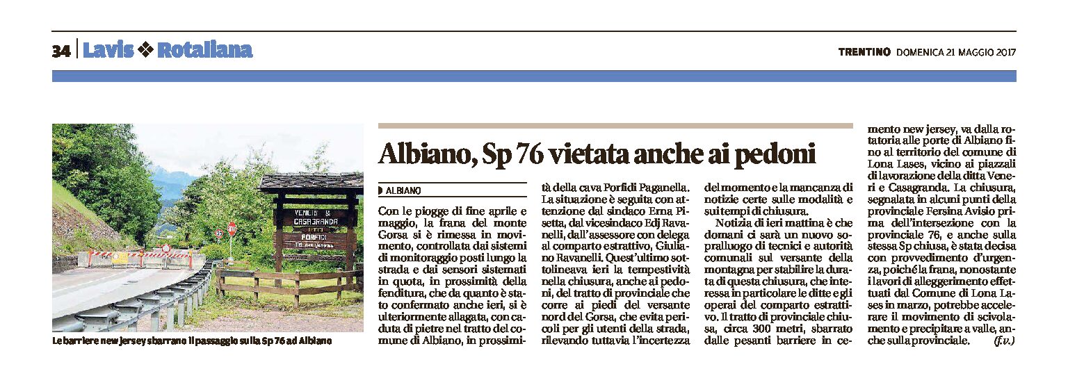 Monte Gorsa: Albiano, Sp 76 vietata anche ai pedoni
