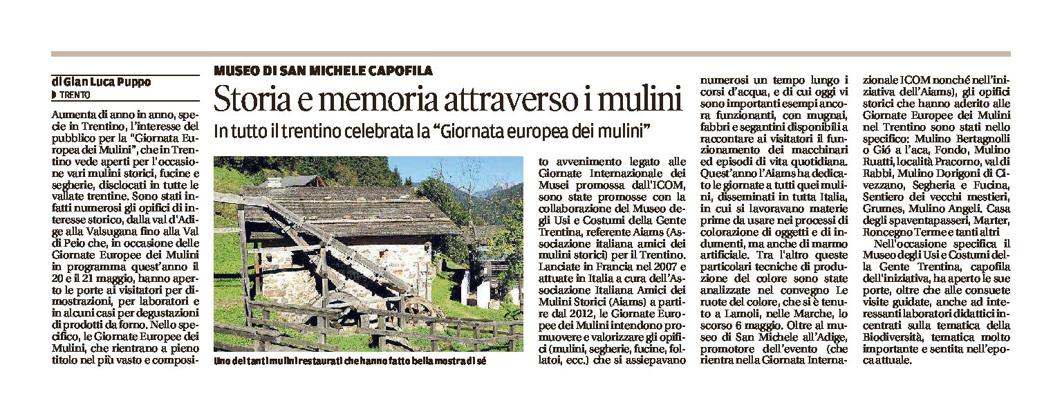 20 e 21 maggio: “Giornata europea dei Mulini” celebrata in tutto il Trentino