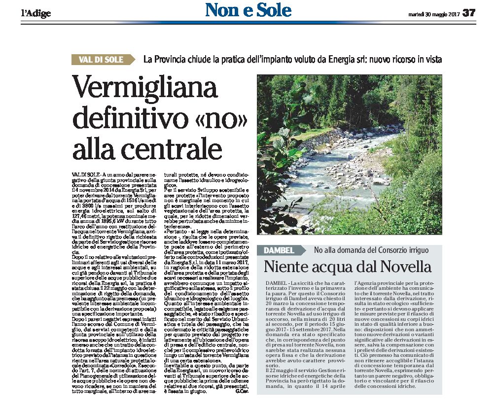 Val di Sole: “no” alle domande di centraline dai torrenti Vermigliana e Novella