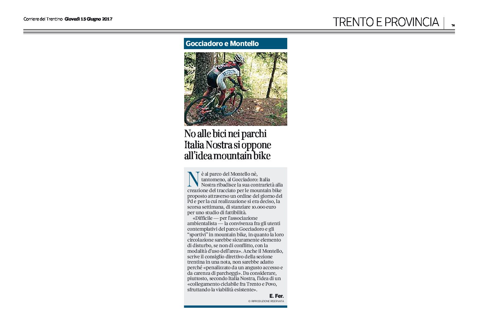 Trento, parchi di Gocciadoro e Montello: Italia Nostra si oppone alla realizzazione del tracciato per mountain bike