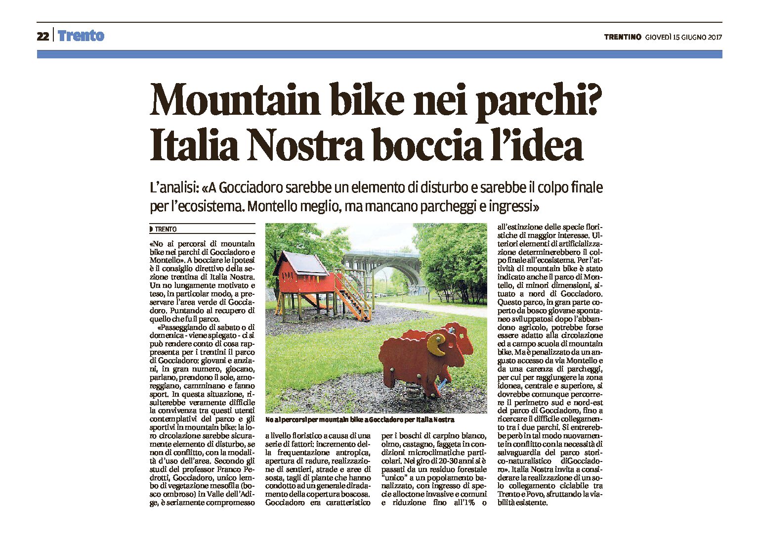 Trento, Gocciadoro: Italia Nostra boccia l’idea delle mountain bike nel parco
