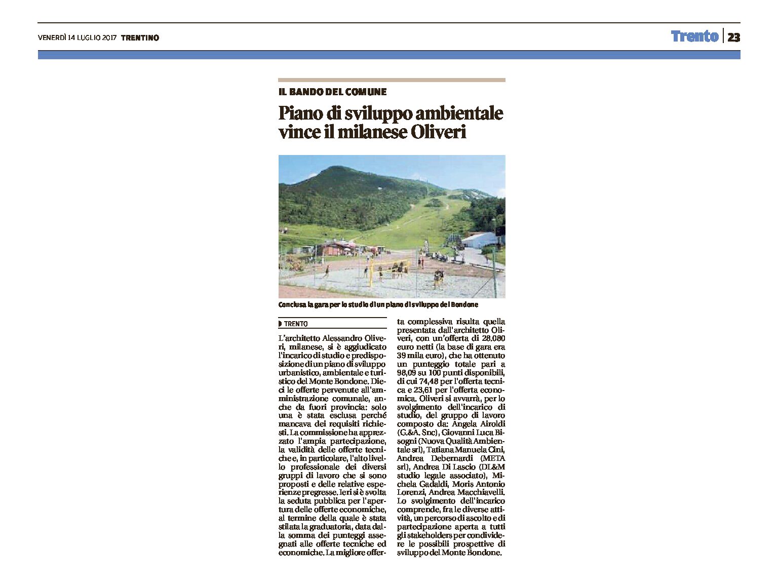 Bondone: Piano di sviluppo ambientale, vince il milanese Oliveri