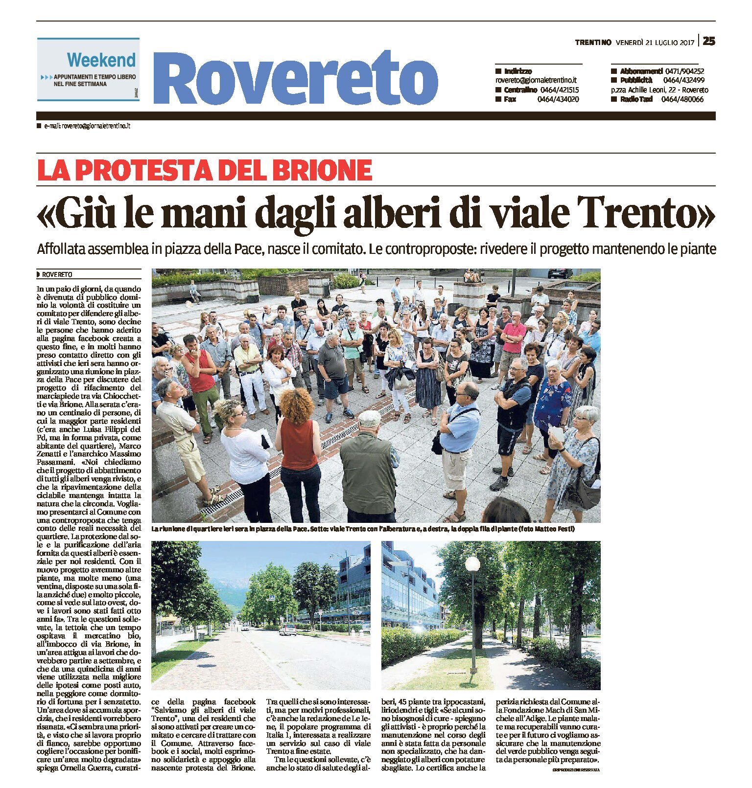 Rovereto: “giù le mani dagli alberi di viale Trento”. Affollata assemblea in piazza della Pace