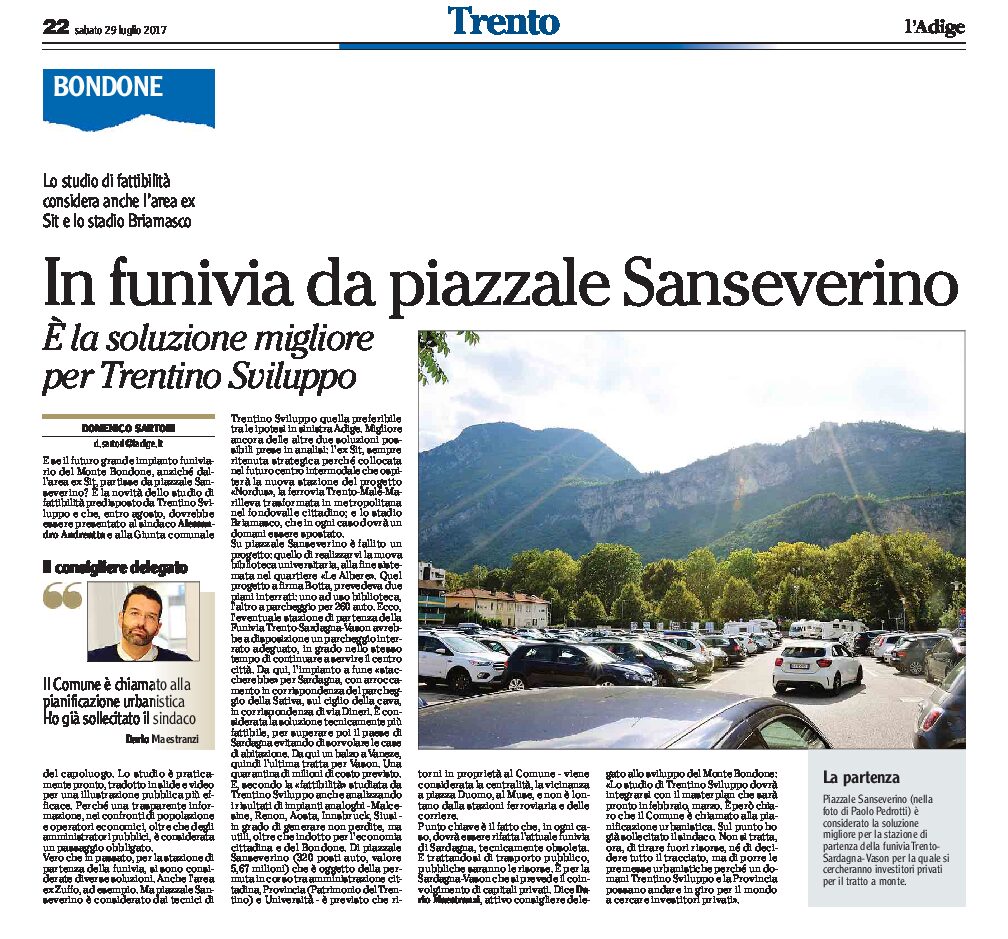 Bondone, funivia: per Trentino Sviluppo partenza da piazzale Sanseverino