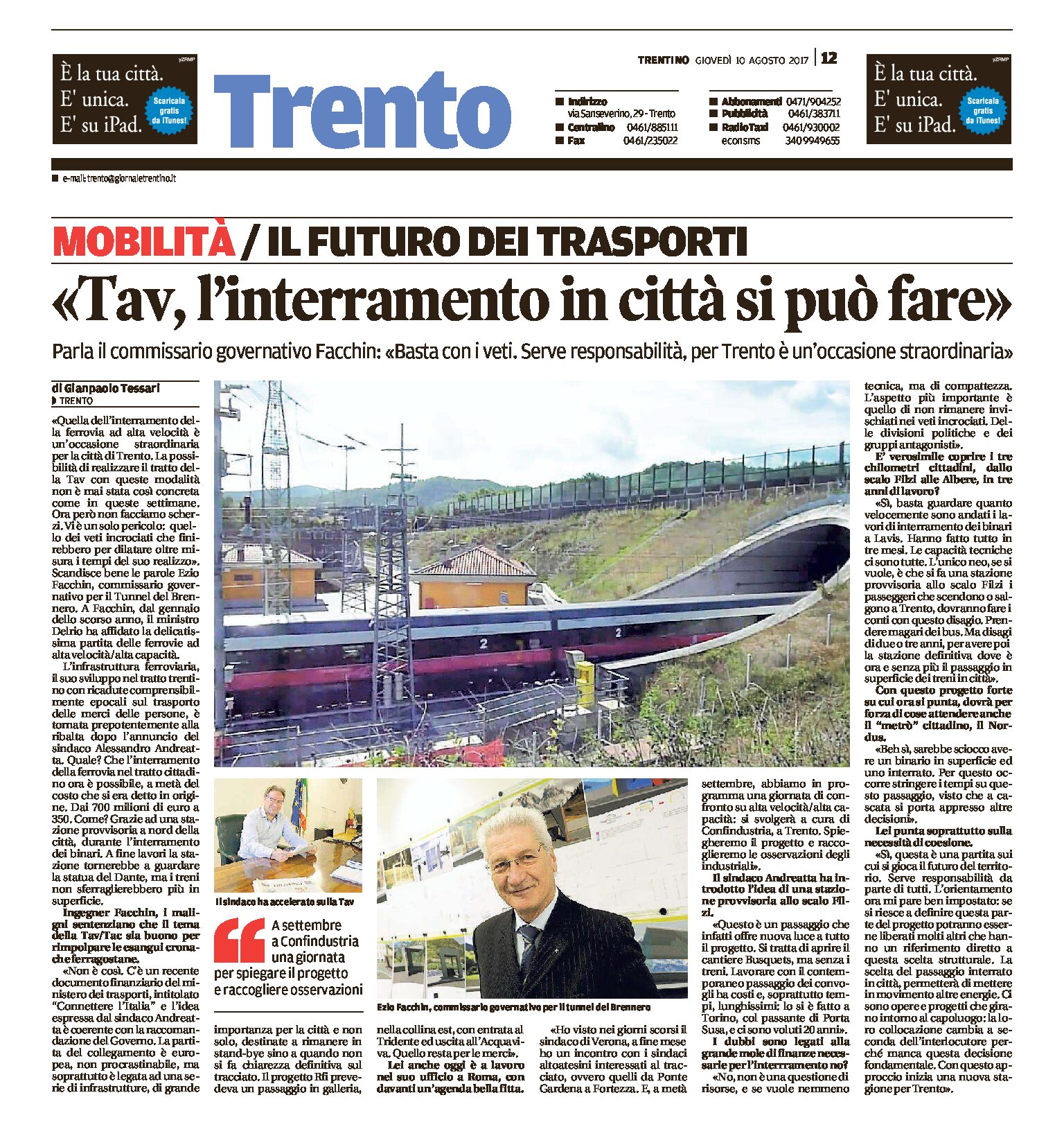 Trento, interramento della ferrovia: Facchin “occasione straordinaria per la città”