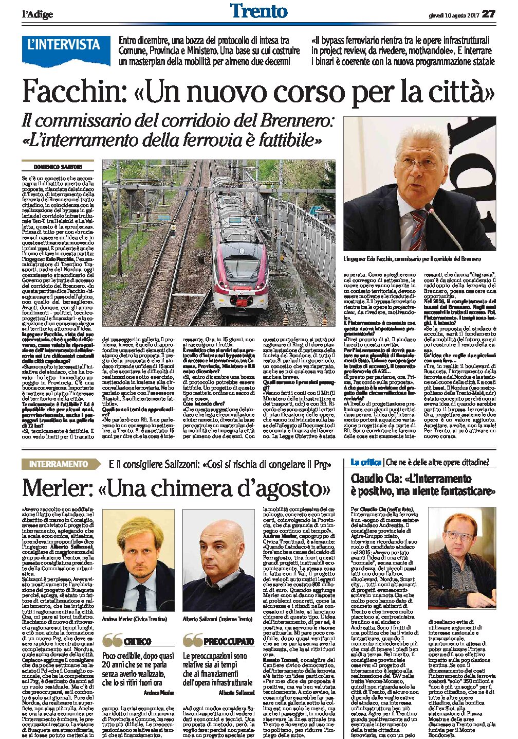 Trento, interramento della ferrovia: Facchin “fattibile, un nuovo corso per la città”