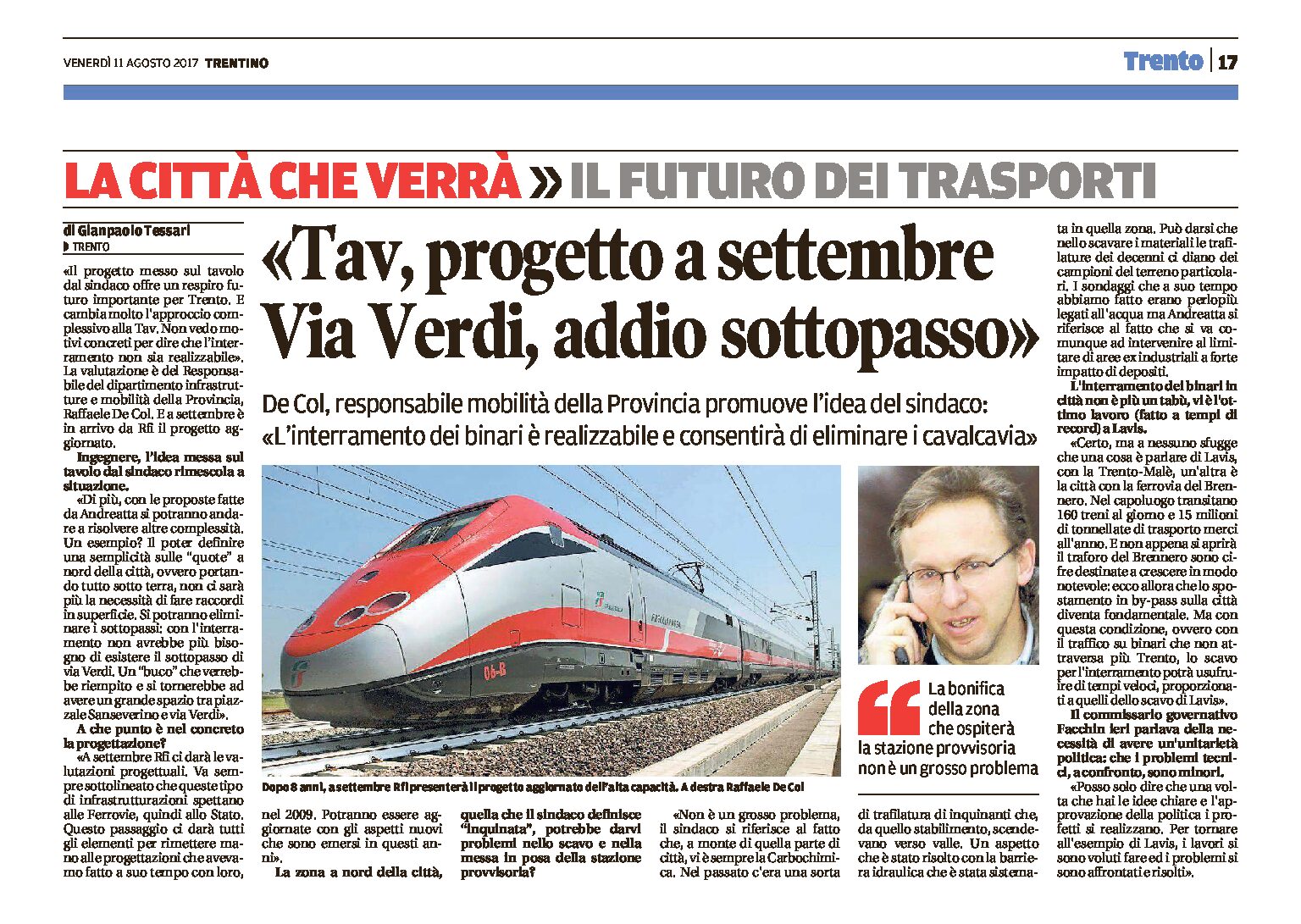 Trento, interramento della ferrovia: De Col “Tav progetto a settembre, Via Verdi addio sottopasso”