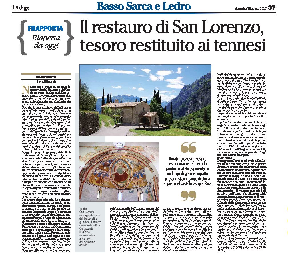 Tenno: completato il restauro della chiesa di San Lorenzo in Frapporta, da oggi riaperta
