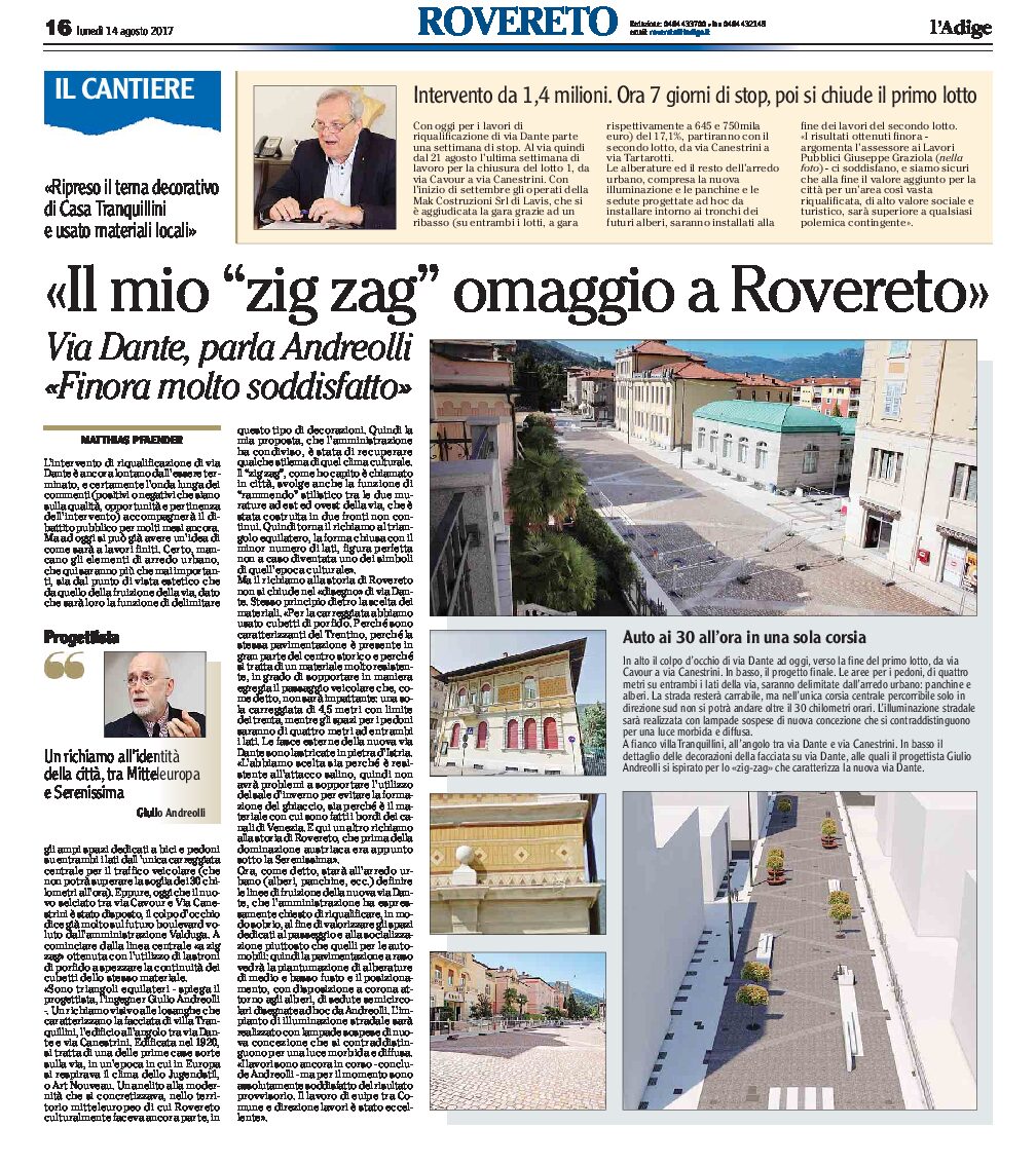 Rovereto, via Dante: Andreolli “il mio zig zag omaggio a Rovereto”